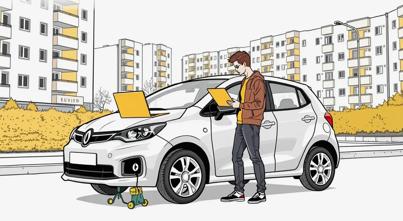 Modrá Škoda Octavia zaparkovaná pred rodinným domom počas administratívneho prepisu vozidla
