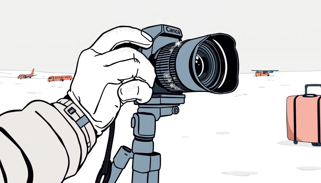 Fotograf nastavuje fotoaparát na statíve v hlbokom snehu počas pozorovania nočnej oblohy