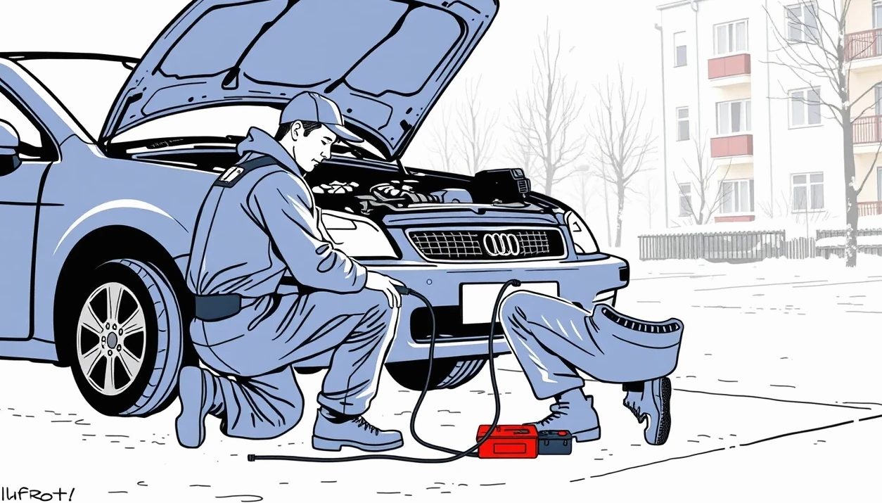 Žlté odťahové vozidlo nakladá nepojazdné osobné auto na krajnici rýchlostnej cesty