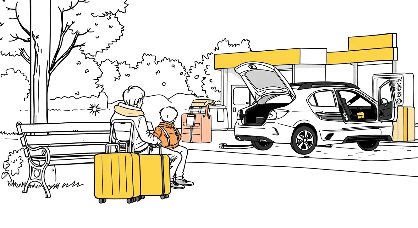 Technik cestnej služby pripája štartovacie káble na autobatériu v zasneženom počasí