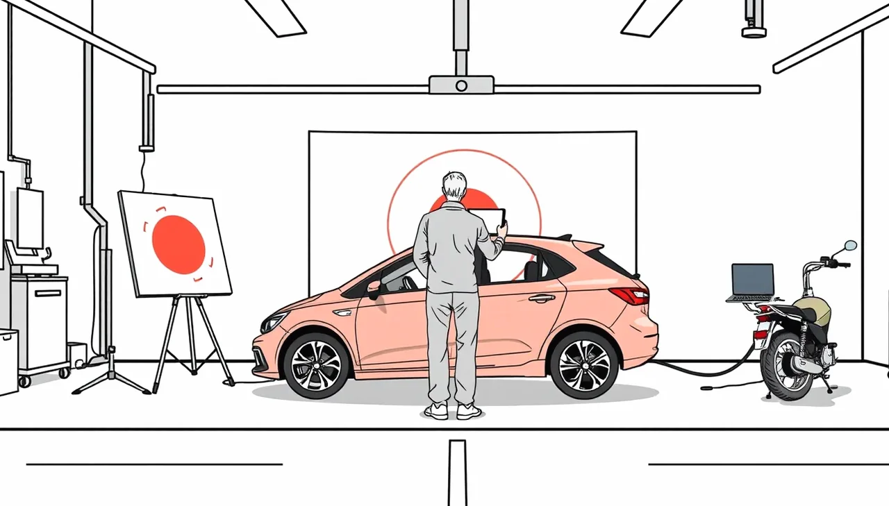 Automechanik v servise inštaluje nové čelné sklo a kalibruje asistenčnú kameru ADAS