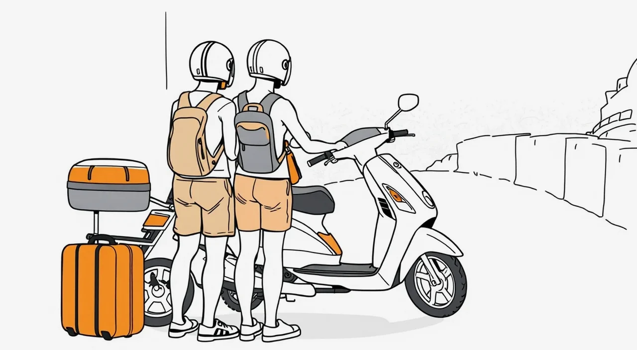 Dovolenkár s prilbou preberá kľúče od prenajatého skútra v prímorskom letovisku