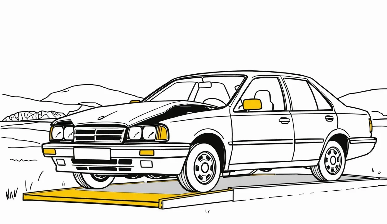 Automechanik kontroluje poškodenú prednú časť karosérie moderného vozidla v autoservise