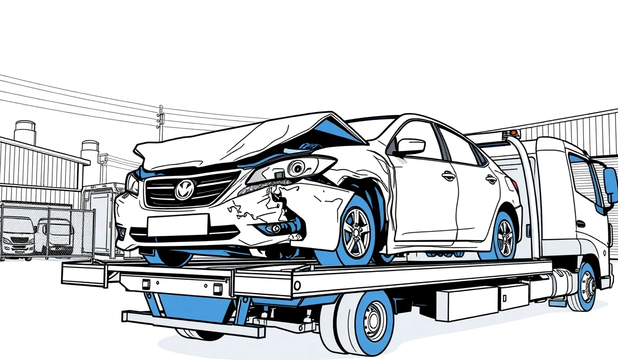 Mechanik v autoservise kontroluje poškodenú prednú časť rodinného auta po dopravnej nehode