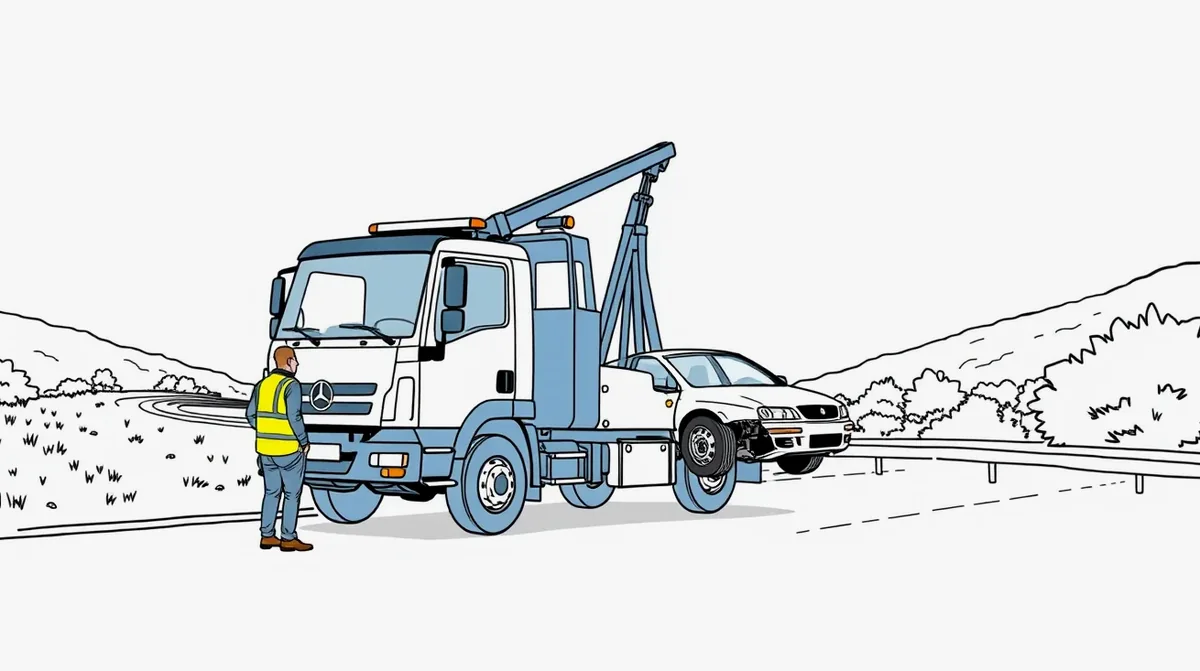 Odstavené nepojazdné auto na krajnici diaľnice pri zásahu asistenčnej odťahovej služby