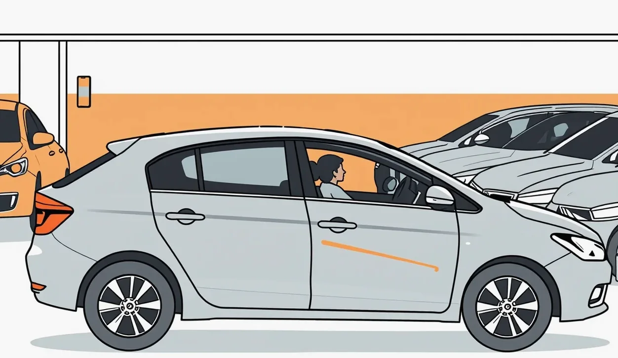 Zlodej obchádza zaparkované auto na sídlisku a kontroluje funkčnosť blikajúceho alarmu