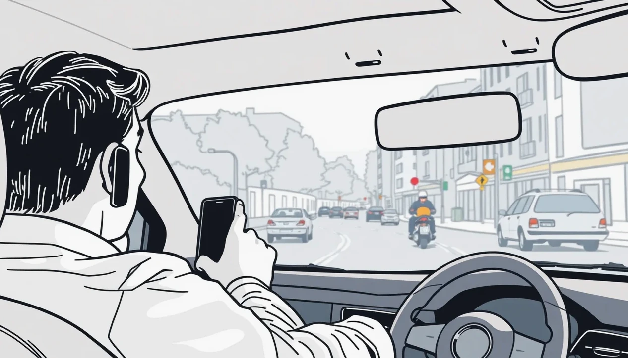 Dopravný policajt zastavuje osobné auto a kontroluje vodiča s mobilným telefónom