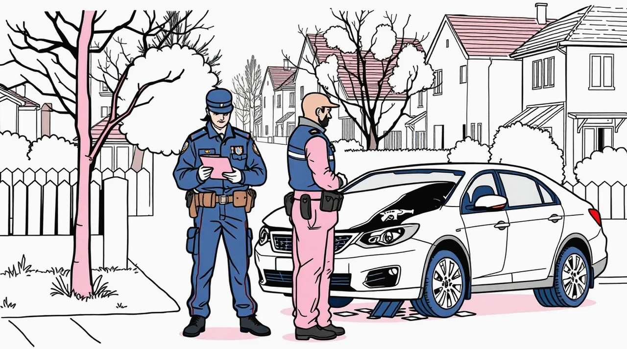 Policajná hliadka dokumentuje poškodenie vozidla na parkovisku počas vyšetrovania
