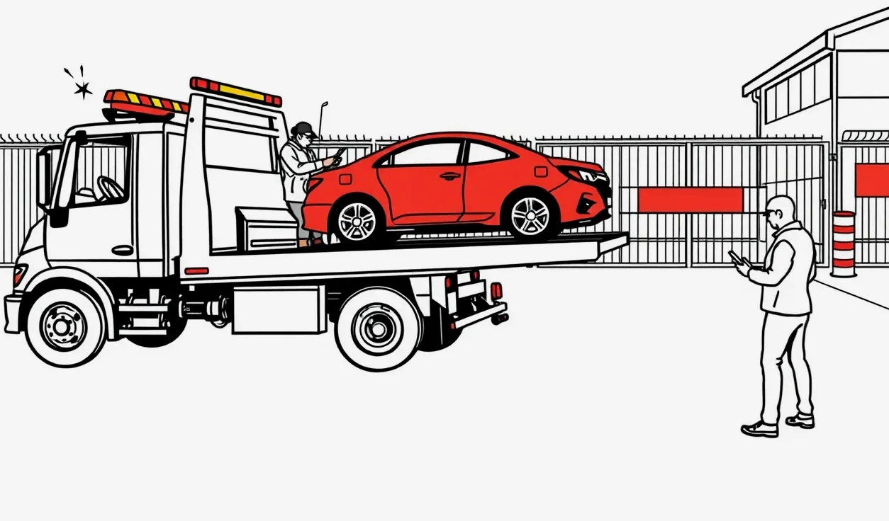 Žlté odťahové vozidlo nakladá poškodený športový automobil v priestoroch depa