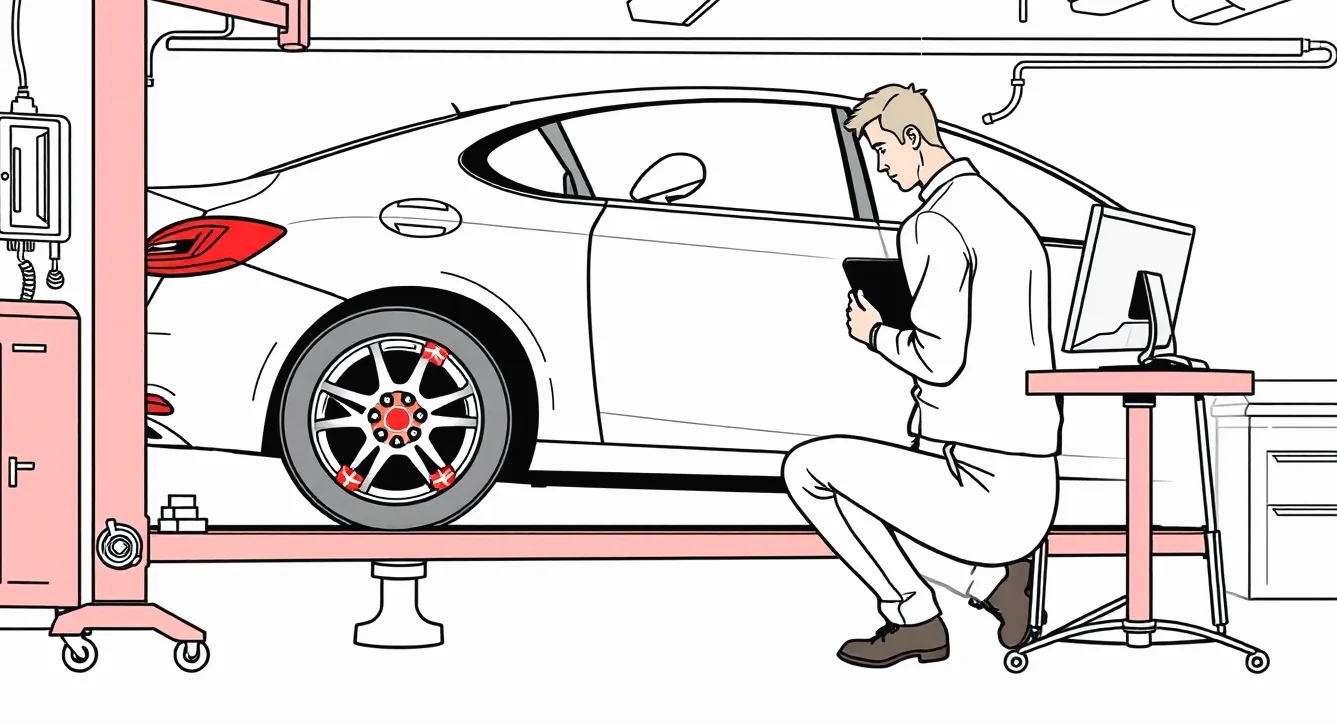 Automobil s poškodeným spodným krytom motora a zavesením kolies na zdviháku v servise