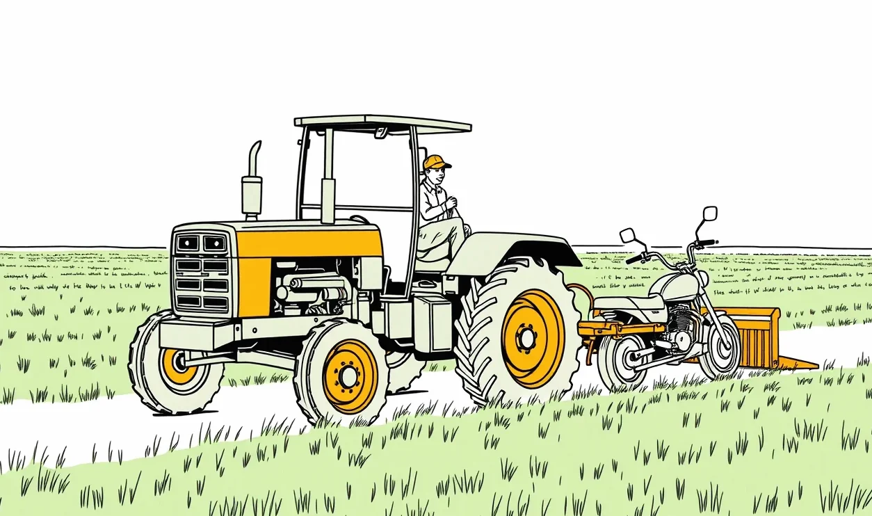 Podomácky vyrobený malotraktor s pripojenou vlečkou na dvore rodinného domu