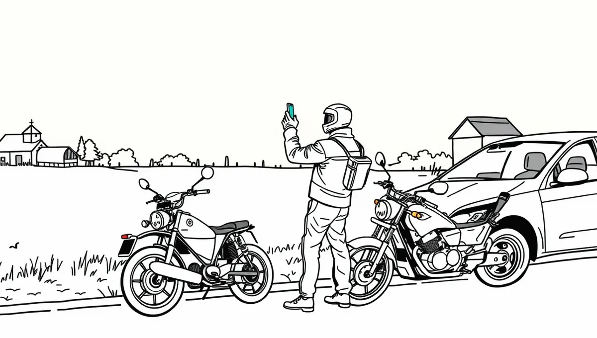 Motorkár v koženej bunde kontroluje dokumenty od motocykla pred jazdou