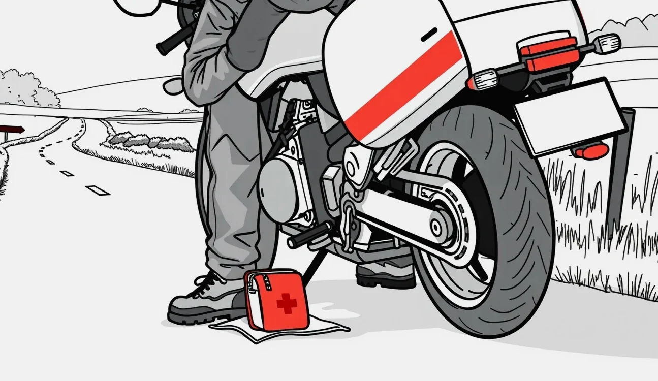 Policajná hliadka kontroluje lekárničku a doklady vodiča motocykla pri krajnici cesty