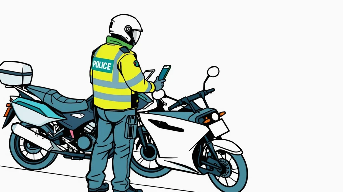 Motocyklista stojaci vedľa odstavenej motorky na krajnici cesty s oblečenou reflexnou vestou