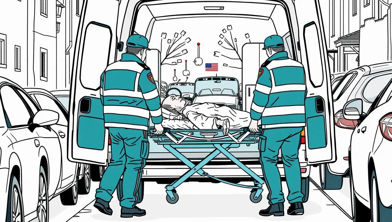 Záchranárska sanitka manévruje medzi zaparkovanými autami na úzkej ulici