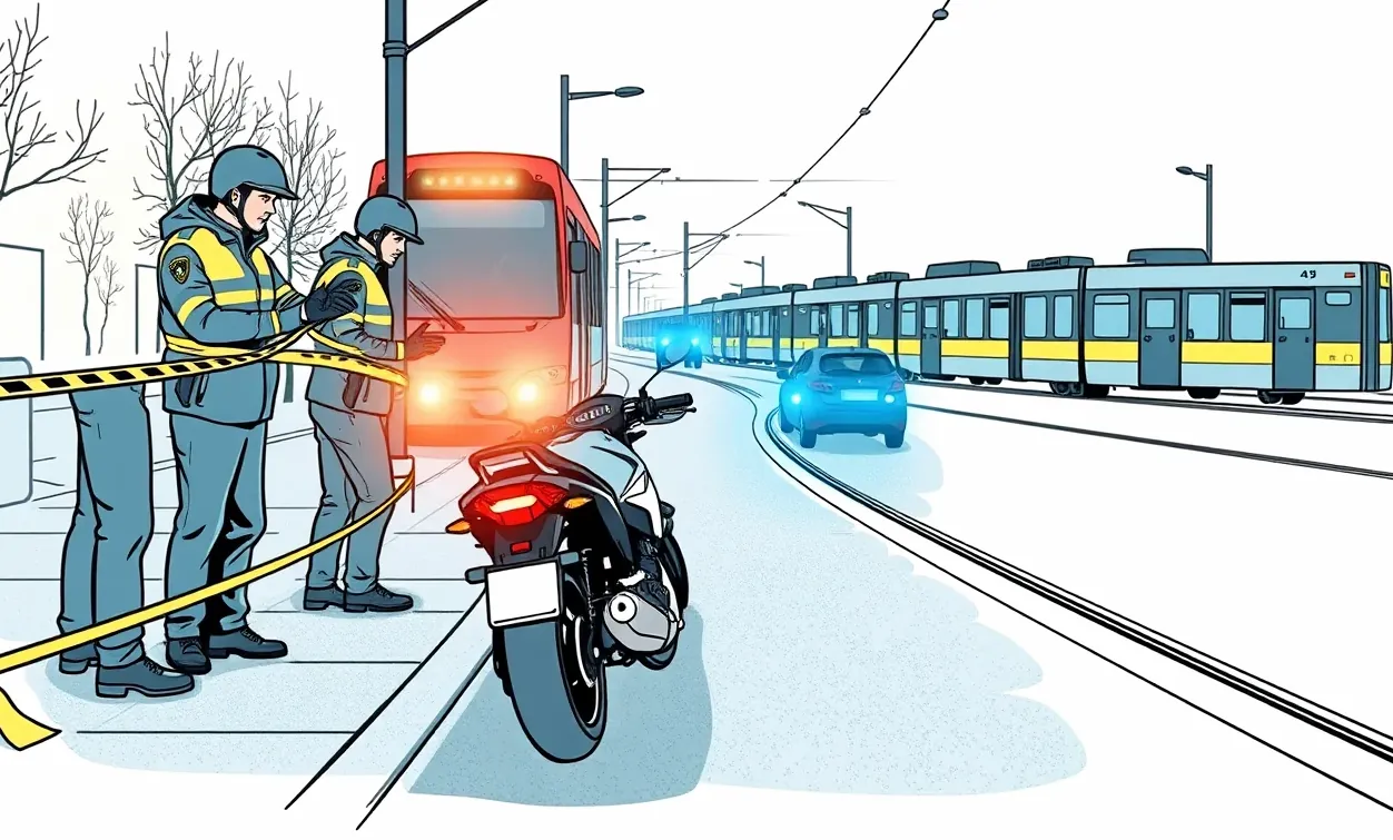 Osobné auto stojace na koľajovom páse pred prichádzajúcou električkou v mestskej premávke
