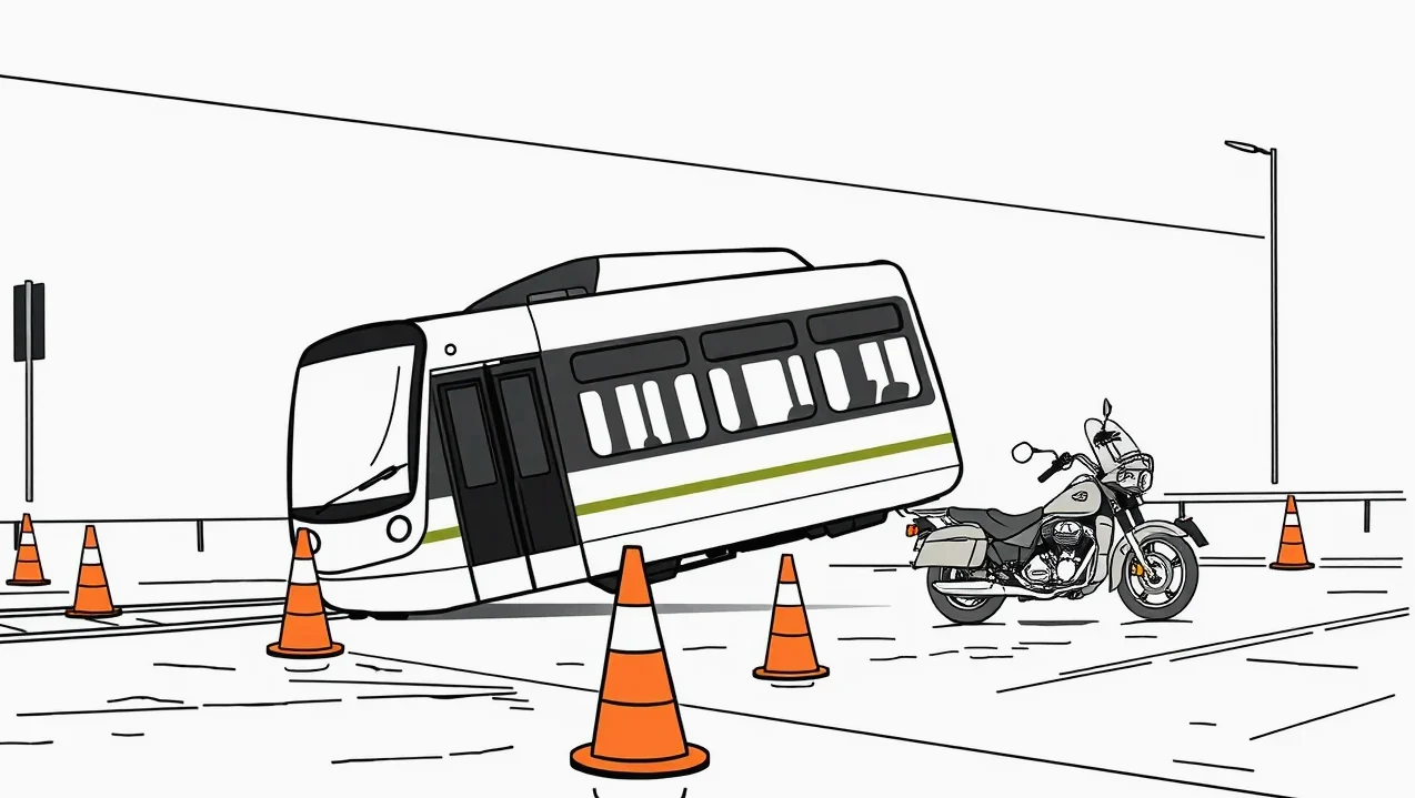 Pohľad na poškodený predný nárazník auta a električku stojacu na koľajniciach