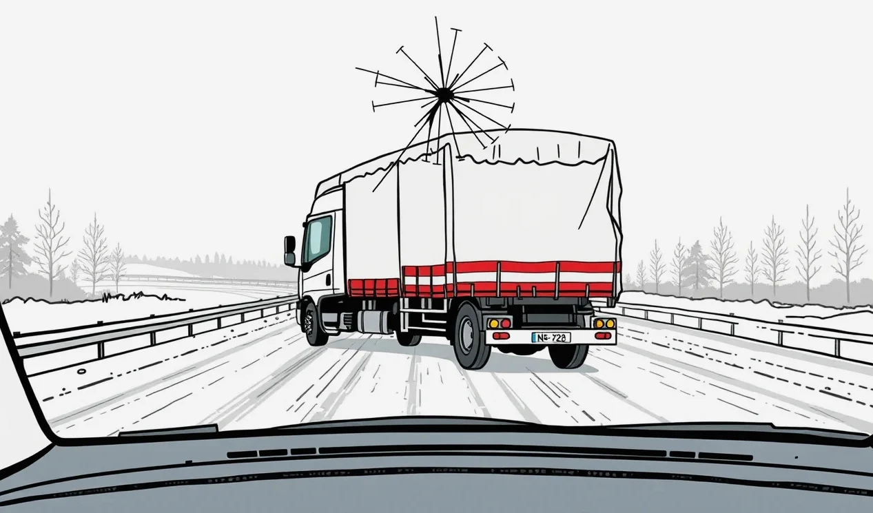 Prasknuté čelné sklo firemnej dodávky po zásahu kusom ľadu z protiidúceho kamióna