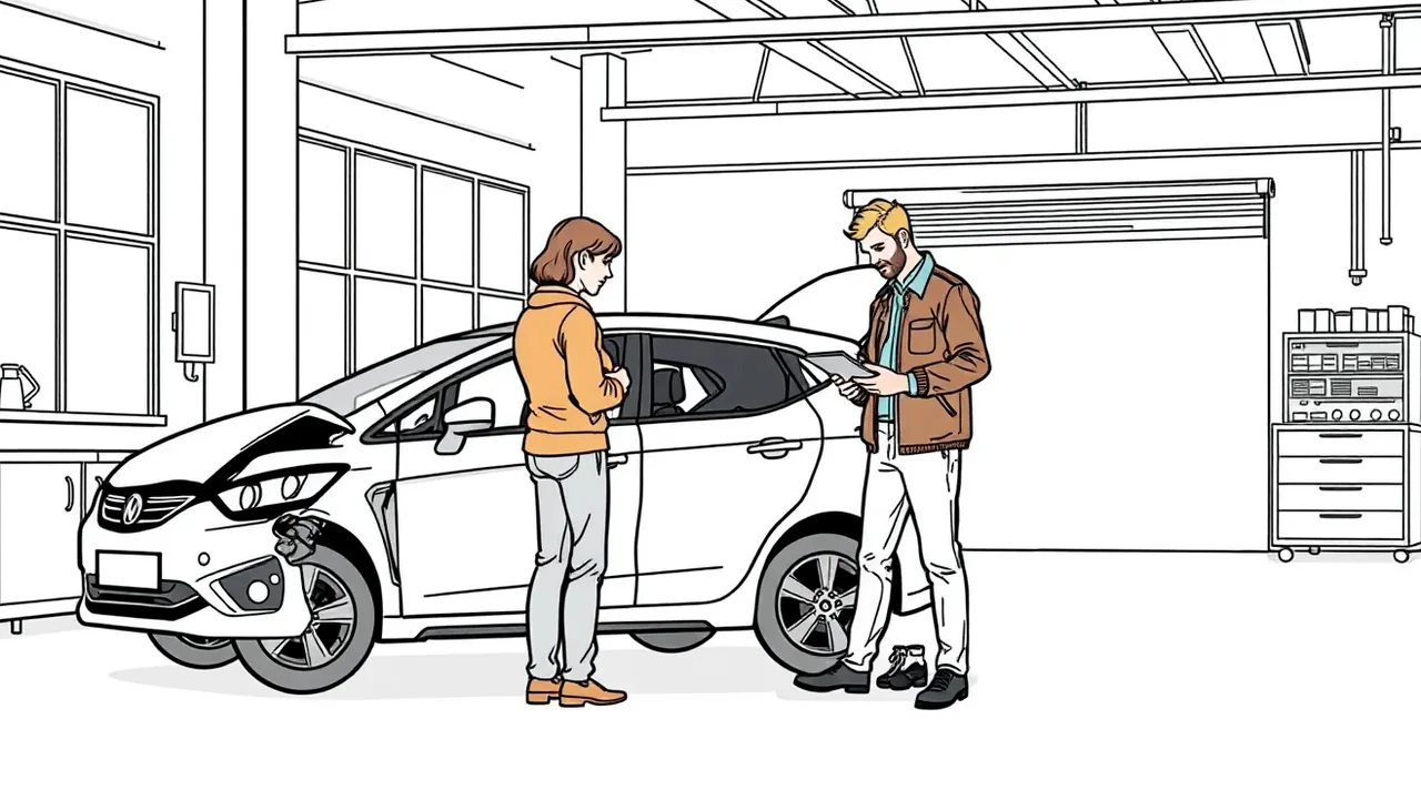 Prijímací technik v autoservise preberá poškodené vozidlo a spisuje zákazkový list